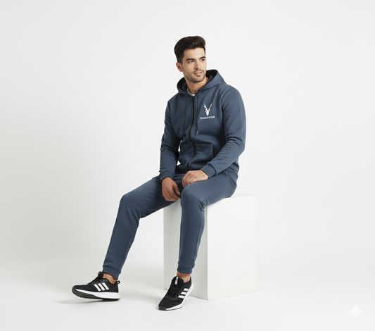 MarMarkhor Navy Blue Printed Winter Tracksuit for Men & Boys | Zipped Hooded Hoodie with Trousers