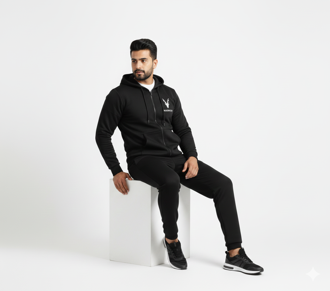 Markhor Black Printed Winter Tracksuit for Men & Boys | Zipped Hoodie with Trousers
