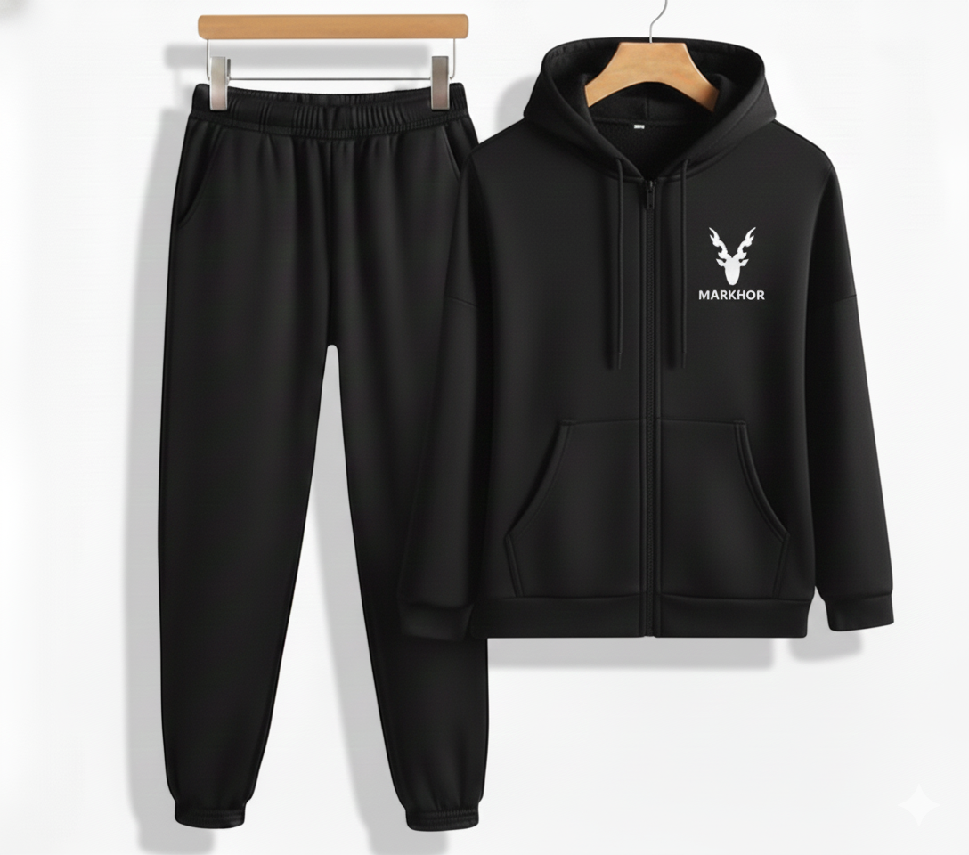 Markhor Black Printed Winter Tracksuit for Men & Boys | Zipped Hoodie with Trousers