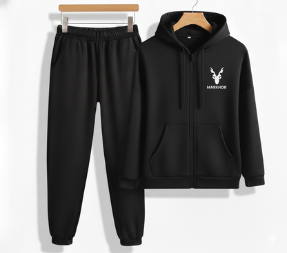 Markhor Black Printed Winter Tracksuit for Men & Boys | Zipped Hoodie with Trousers