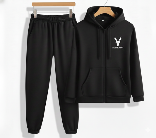 Markhor Black Printed Winter Tracksuit for Men & Boys | Zipped Hoodie with Trousers