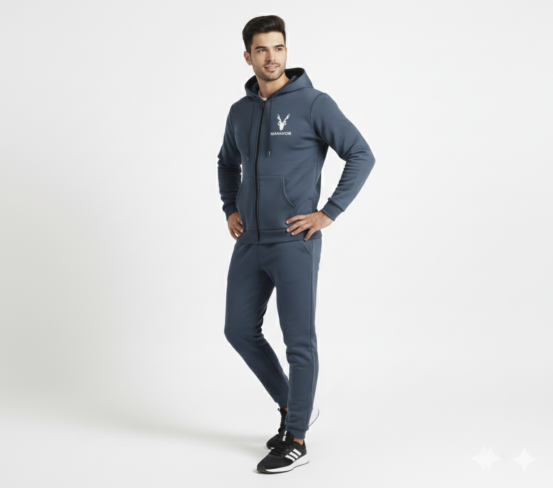 Markhor Black Printed Winter Tracksuit for Men & Boys | Zipped Hoodie with Trousers