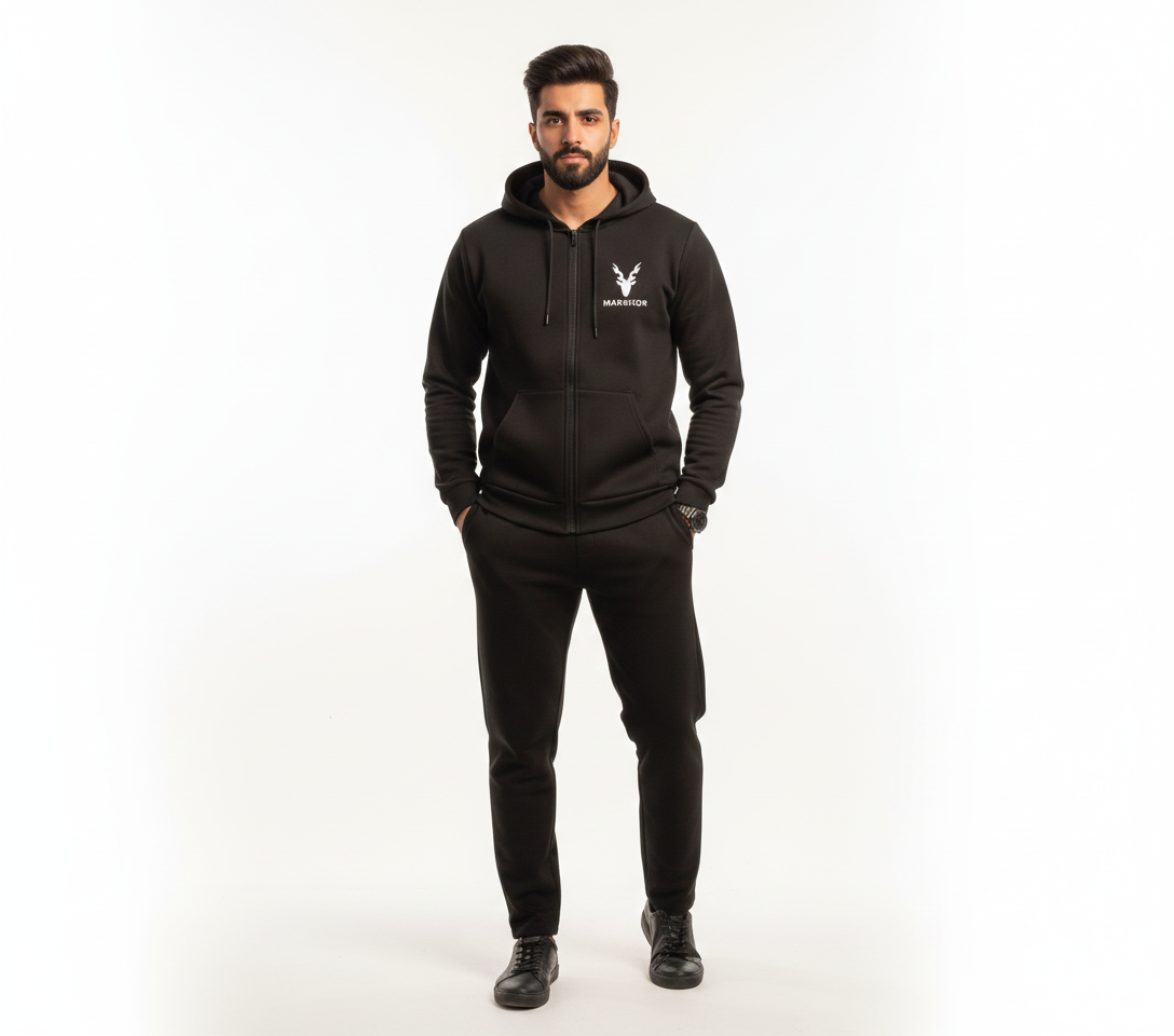 Markhor Black Printed Winter Tracksuit for Men & Boys | Zipped Hoodie with Trousers